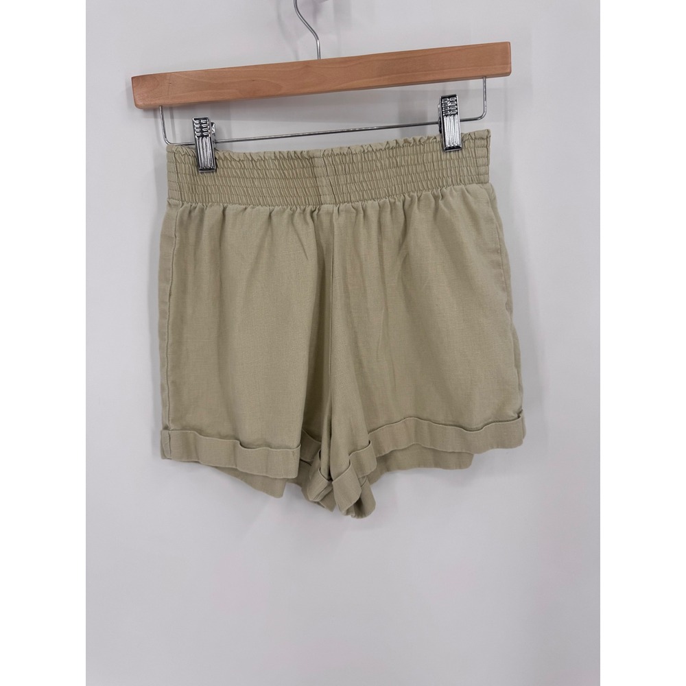 Reformation Linen Shorts Women Small Beige‎ Smocked High Rise Cuffed